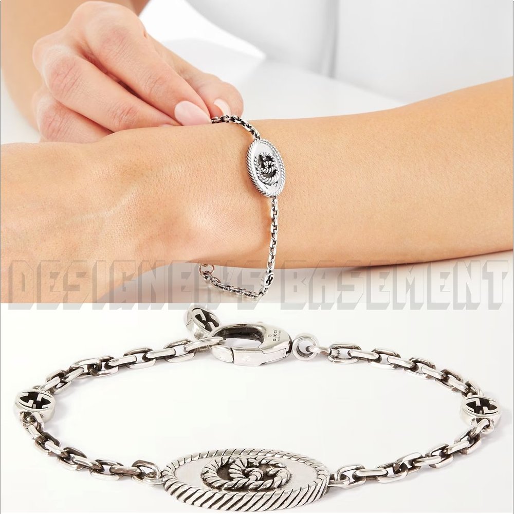 GUCCI size 18 Sterling Silver MARMONT Torchon Double G charms Chain Bracelet 🎁